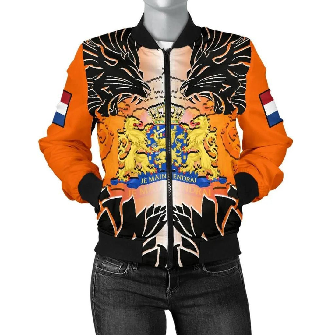 FUNSTUFFPRINT The Netherlands Women's Bomber Jacket - Coat Of Arm With Lion And Tulip Flowers - 3D Bomber Jacket