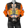 FUNSTUFFPRINT The Netherlands Women's Bomber Jacket - Coat Of Arm With Lion And Tulip Flowers - 3D Bomber Jacket