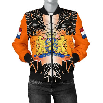 FUNSTUFFPRINT The Netherlands Women's Bomber Jacket - Coat Of Arm With Lion And Tulip Flowers - 3D Bomber Jacket
