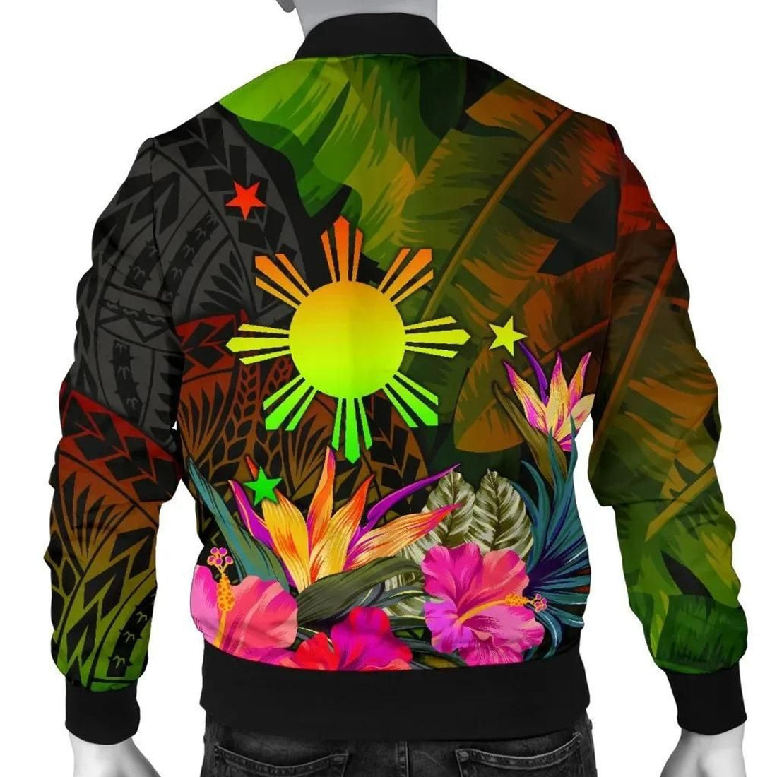 FUNSTUFFPRINT The Philippines Polynesian Personalised Men's Bomber Jacket - Hibiscus and Banana Leaves - 3D Bomber Jacket