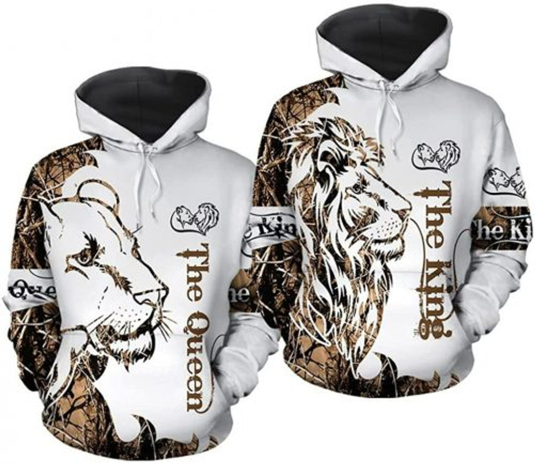 FUNSTUFFPRINT Matching Lion Couple 3D All Over Hoodie The King The Queen White 3D Hoodie and Zip Hoodie