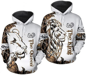 FUNSTUFFPRINT Matching Lion Couple 3D All Over Hoodie The King The Queen White 3D Hoodie and Zip Hoodie