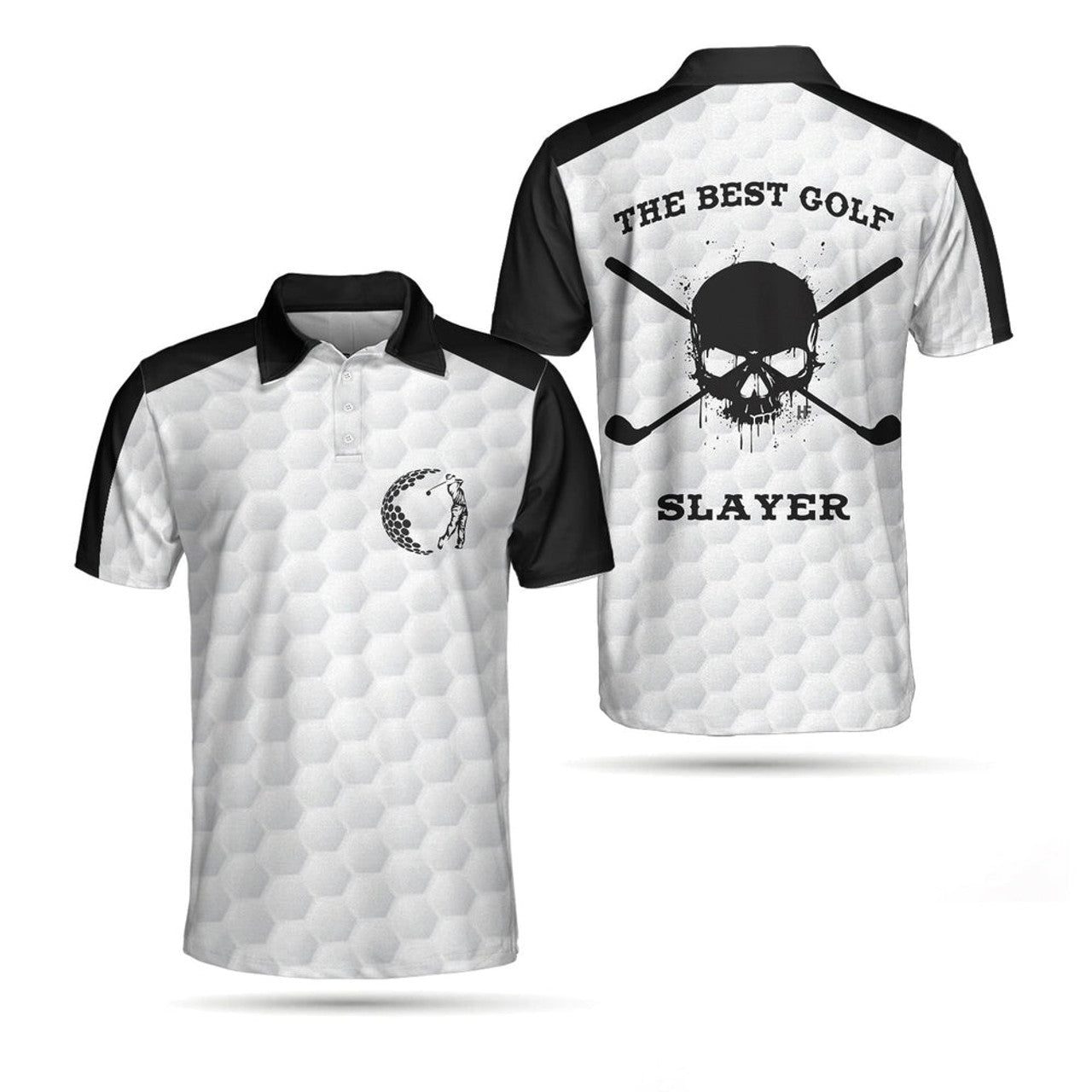 The Best Golf Slayer Wet Ink Skull Polo Shirt, Black Shoulder White Golf Pattern Polo Shirt, Best Golf Shirt For Men