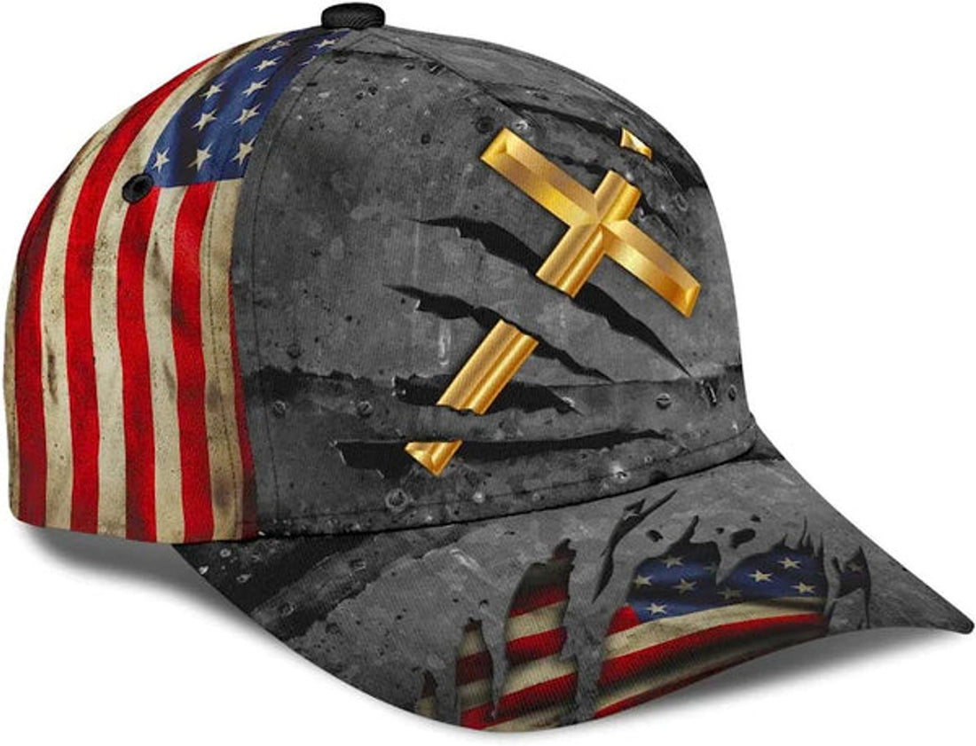 FUNSTUFFPRINT The Cross Holy American Flag Classic Hat All Over Print - Christian Hats for Men and Women