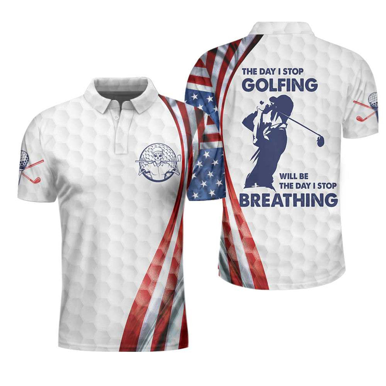 The Day I Stop Golfing Polo Shirt, Golf Pattern Skeleton Golfer American Flag Polo Shirt, Best Golf Shirt For Men