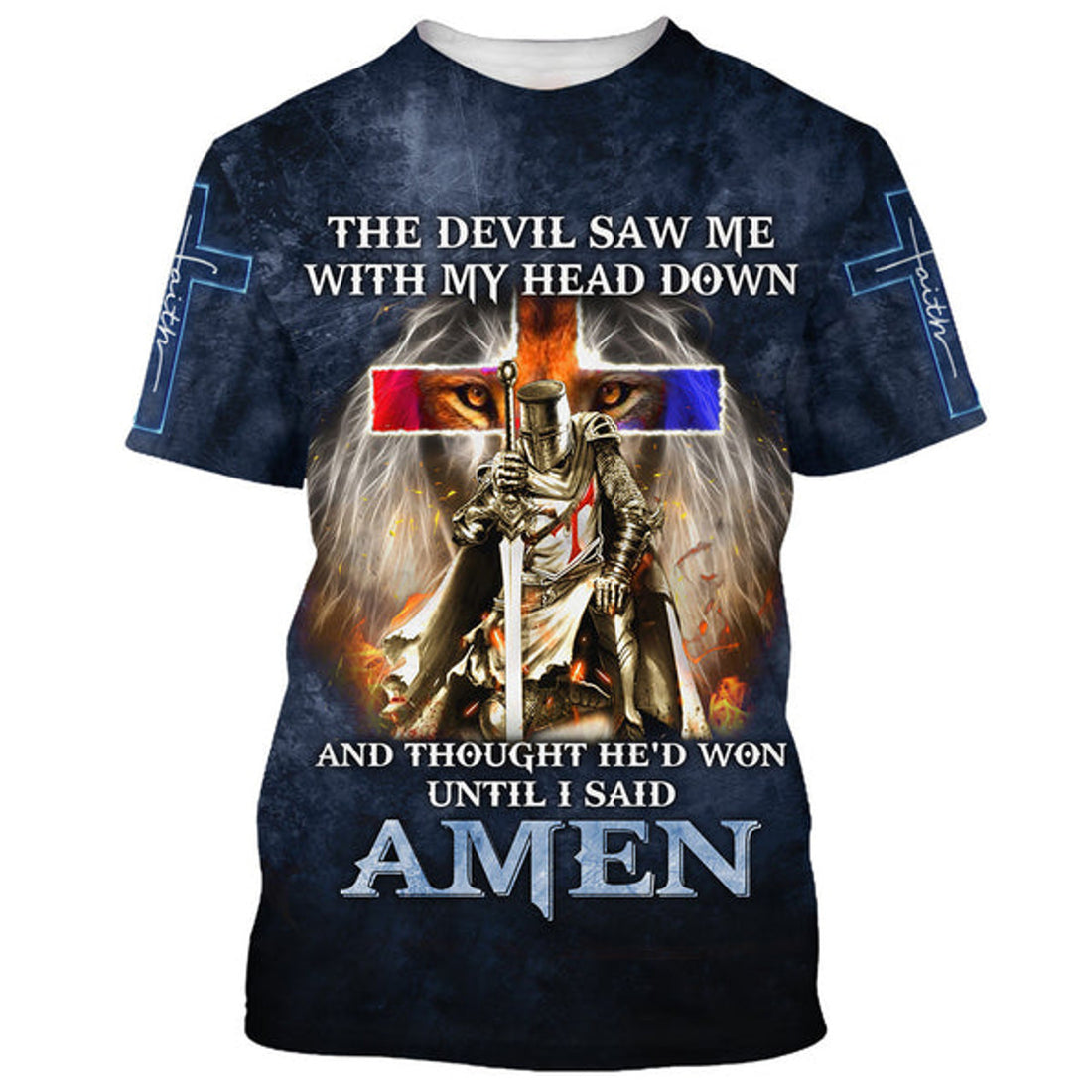 FUNSTUFFPRINT The Devil Saw Me With My Head Down Shirts - Lion Cross Warrior 3D All Over Printed Shirt for Men and Women
 3D T-shirt