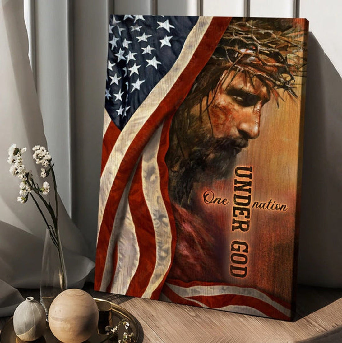 The Face Of Jesus American Flag One Nation Under God Canvas Wall Art - Christian Wall Posters - Religious Wall Decor