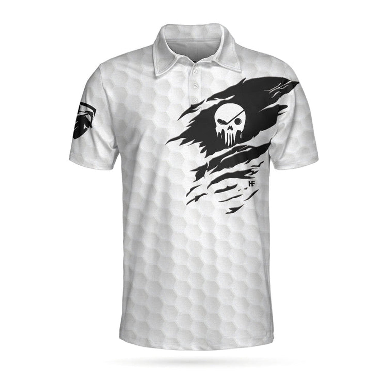 The Golf Skull Short Sleeve Golf Polo Shirt, Black And White Golf Pattern Ripped Skull Polo Shirt