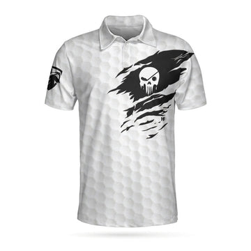 The Golf Skull Short Sleeve Golf Polo Shirt, Black And White Golf Pattern Ripped Skull Polo Shirt