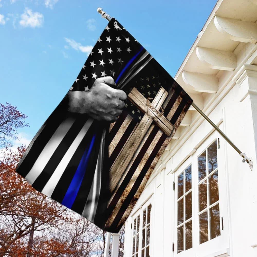 Thin Blue Line Christian Cross House Flags, Christian Flag, Scripture Flag, Garden Banner