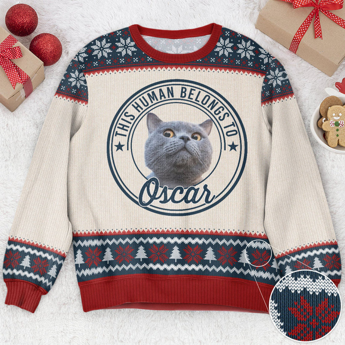 FUNSTUFFPRINT Custom This Human Belongs To Ugly Sweater