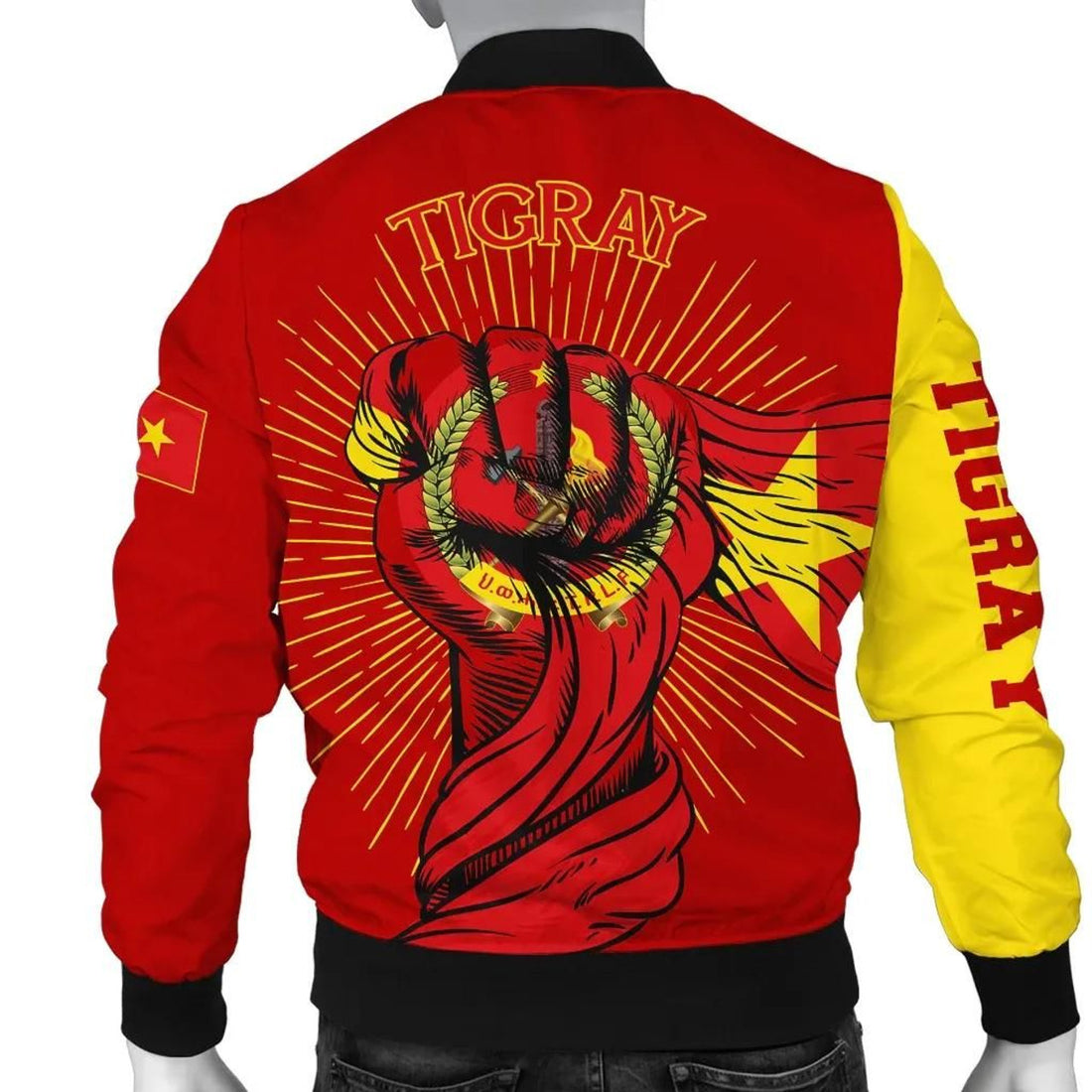 FUNSTUFFPRINT Tigray Bomber Jacket, Tigray Clenched Hand Raised Flag Men 3D Bomber Jacket