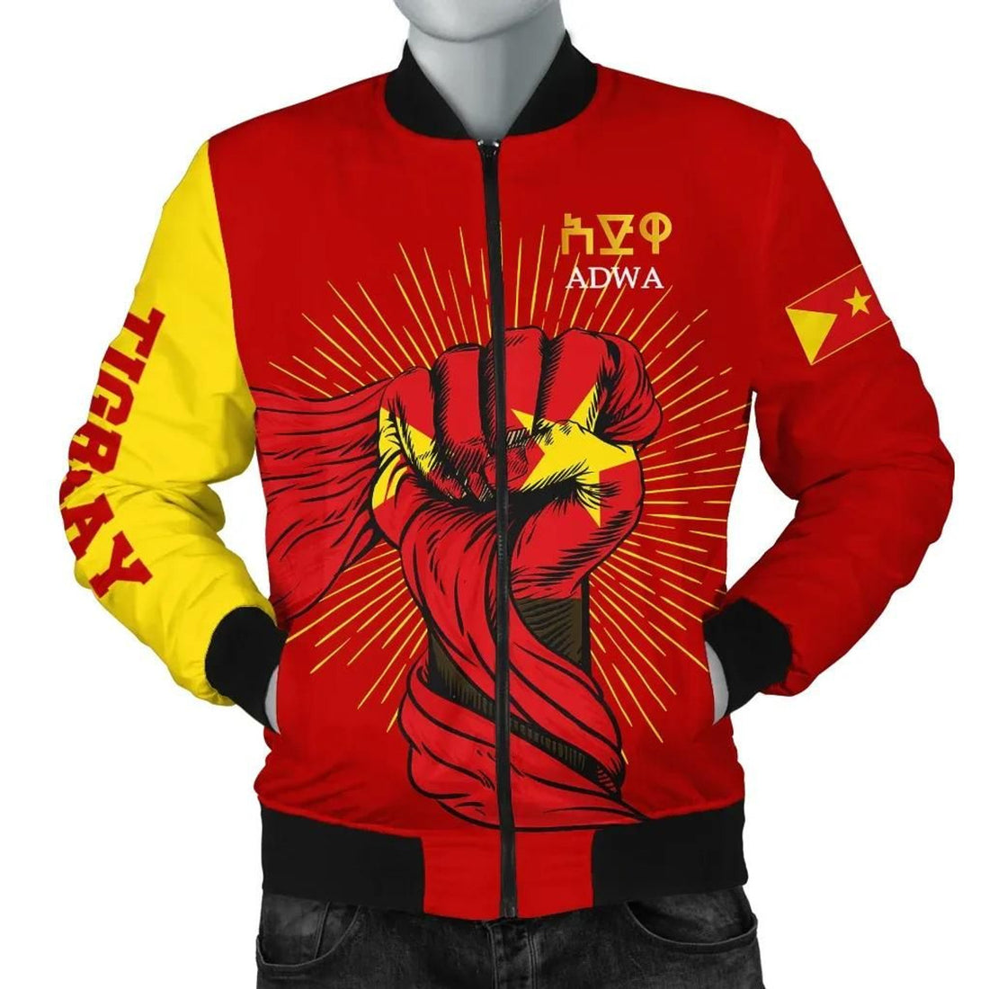 FUNSTUFFPRINT Tigray Bomber Jacket, Tigray Clenched Hand Raised Flag Men 3D Bomber Jacket
