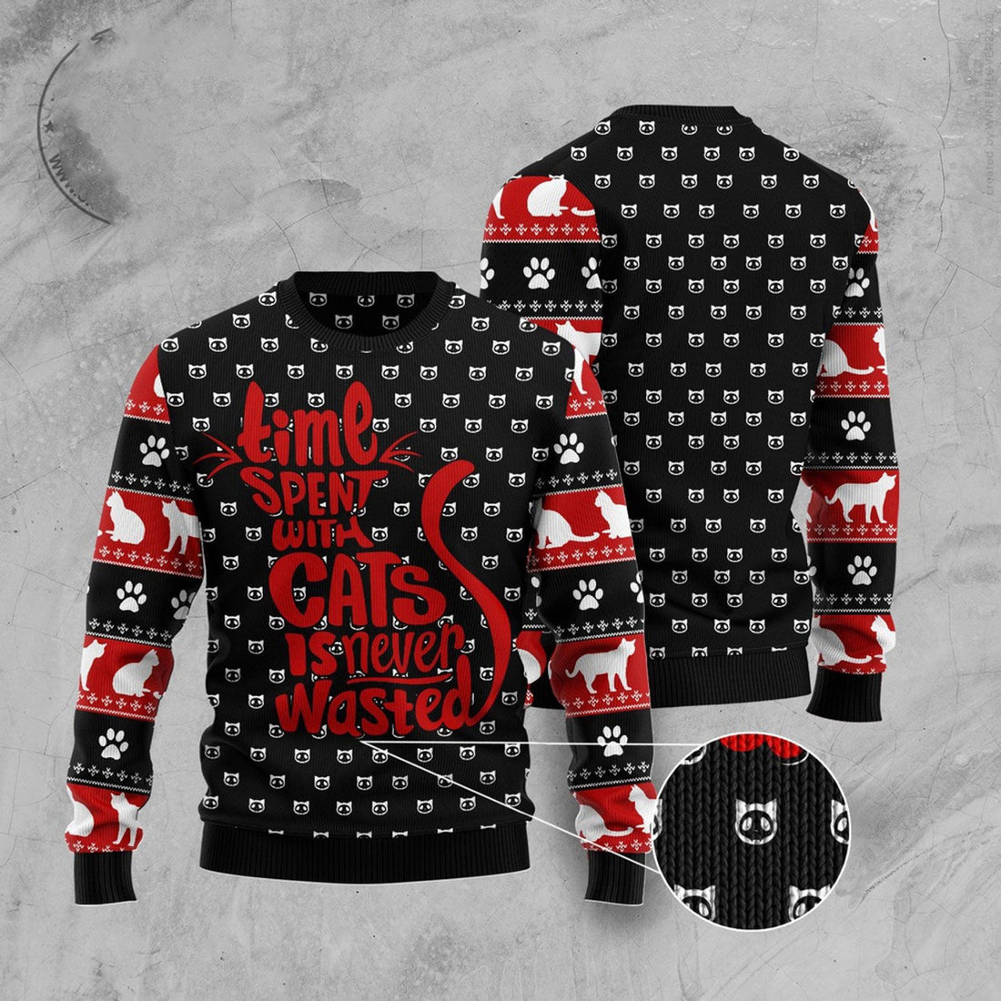 FUNSTUFFPRINT Time With Cat Christmas Ugly Christmas Sweater, Christmas Cat Ugly Sweater, Ugly Cat Xmas Sweater Ugly Sweater