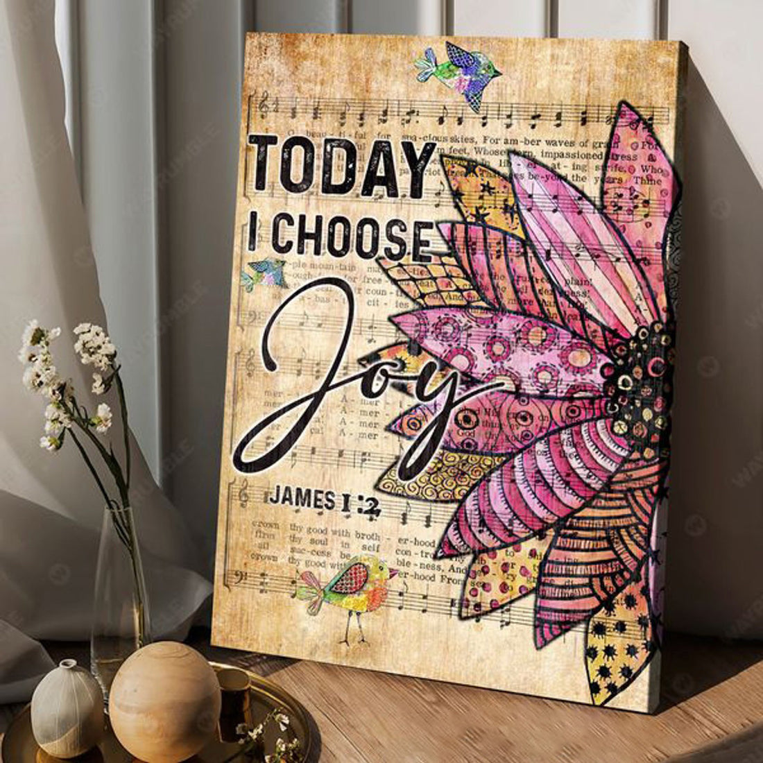 Today I Choose Joy, Music Sheet, Butterfly Flower, Wall Decor Poster and Canvas