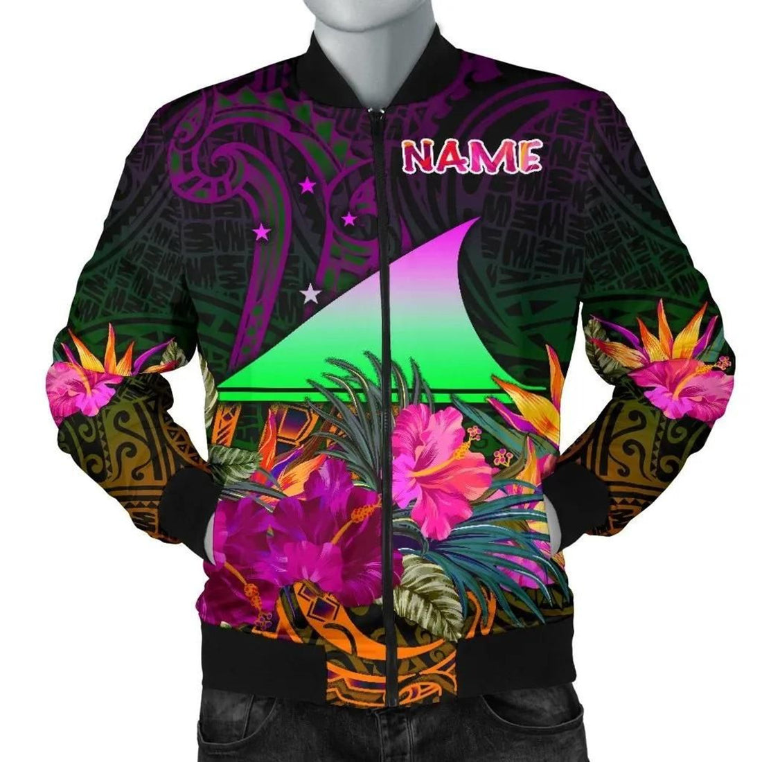 FUNSTUFFPRINT Tokelau Personalised Men's Bomber Jacket - Summer Hibiscus - 3D Bomber Jacket