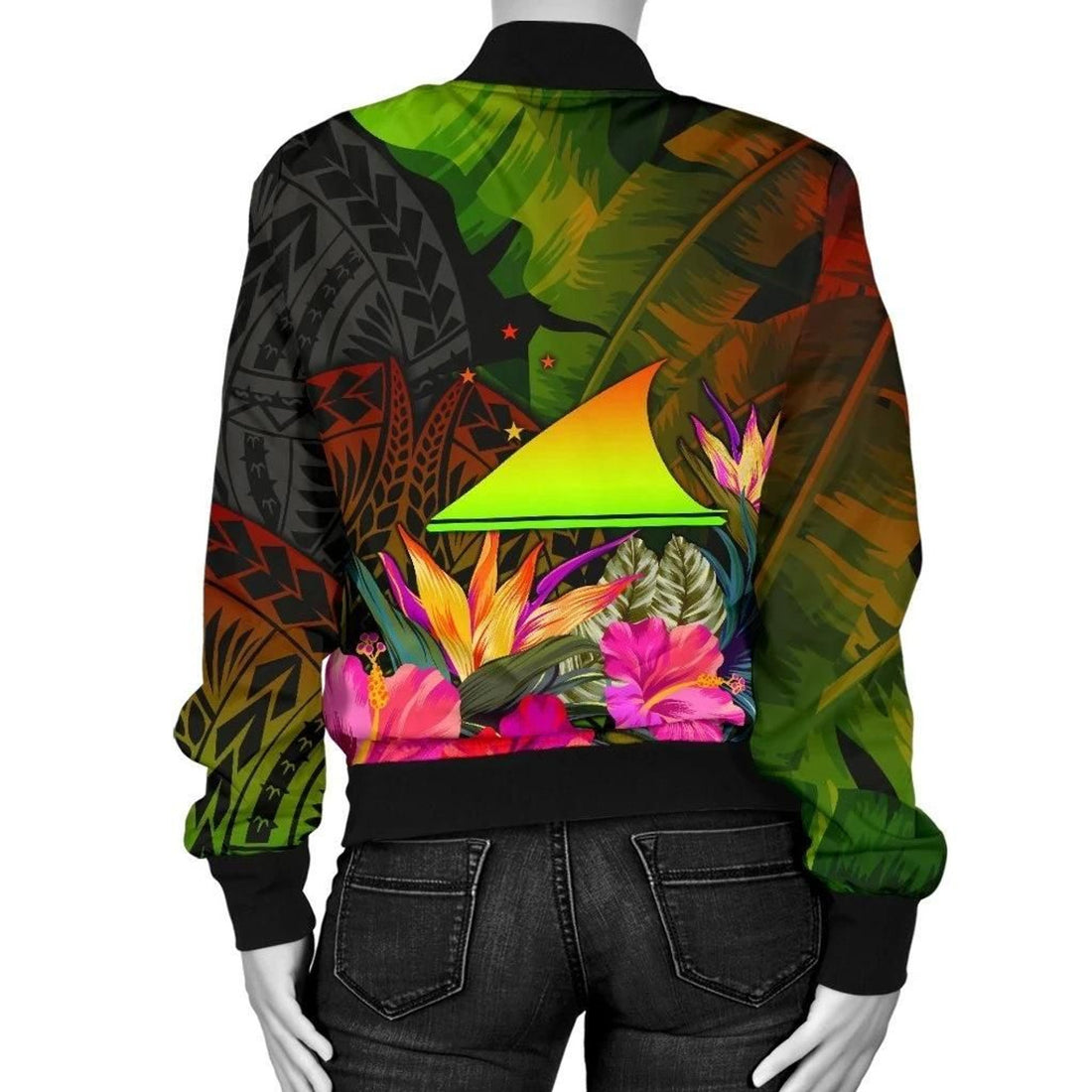 FUNSTUFFPRINT Tokelau Polynesian Personalised Women's Bomber Jacket - Hibiscus and Banana Leaves - 3D Bomber Jacket