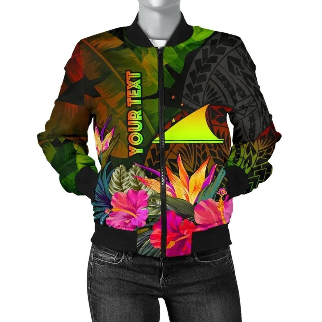 FUNSTUFFPRINT Tokelau Polynesian Personalised Women's Bomber Jacket - Hibiscus and Banana Leaves - 3D Bomber Jacket