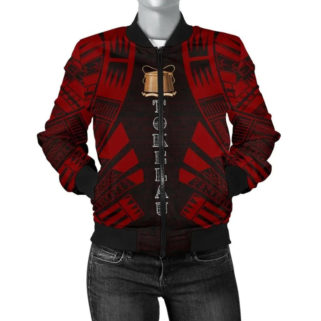 FUNSTUFFPRINT Tokelau Women Bomber Jacket - Polynesian Tattoo Red - 10 3D Bomber Jacket