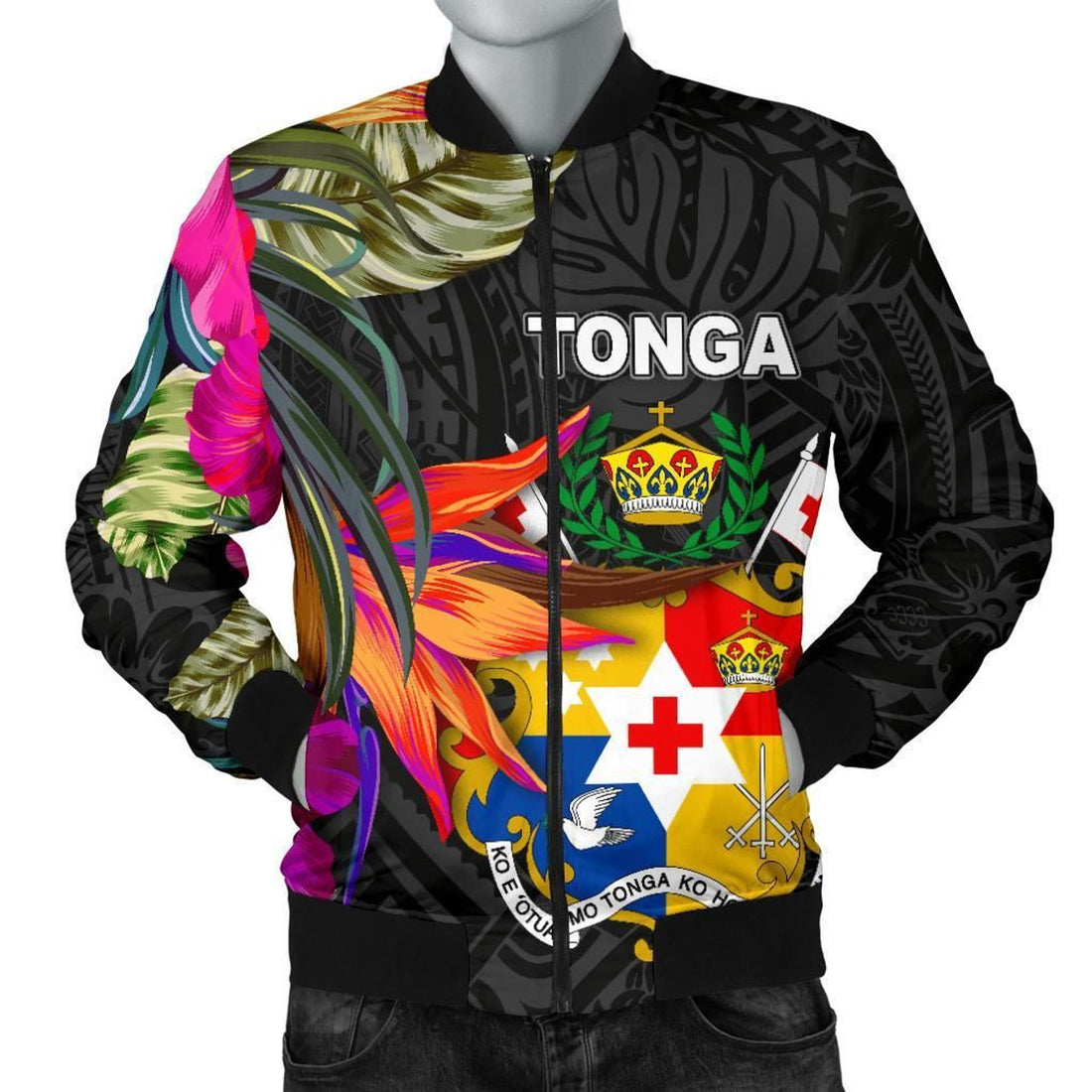 FUNSTUFFPRINT Tonga Men's Bomber Jacket - Polynesian Hibiscus Pattern - 3D Bomber Jacket