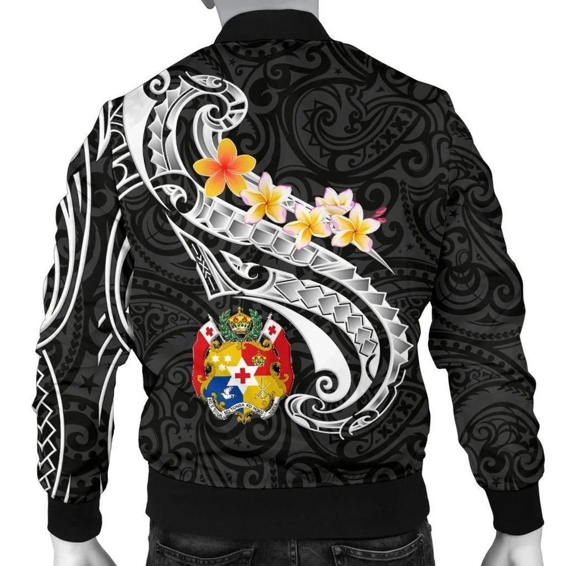 FUNSTUFFPRINT Tonga Men's Bomber Jacket - Tonga Seal Polynesian Patterns Plumeria (Black) - 3D Bomber Jacket
