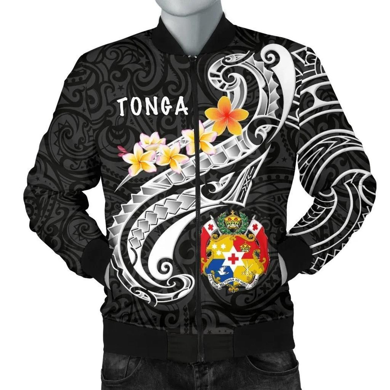 FUNSTUFFPRINT Tonga Men's Bomber Jacket - Tonga Seal Polynesian Patterns Plumeria (Black) - 3D Bomber Jacket