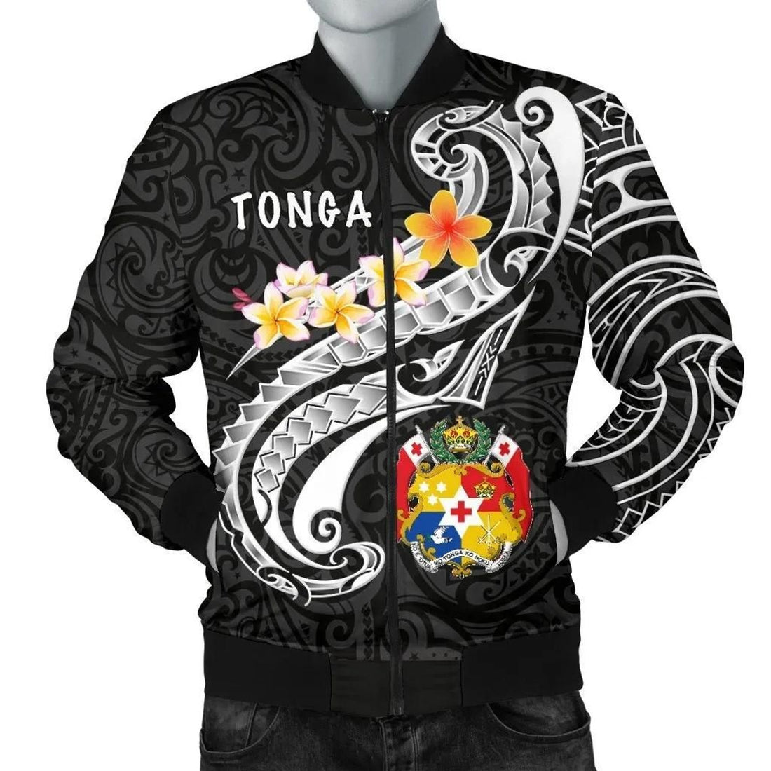 FUNSTUFFPRINT Tonga Men's Bomber Jacket - Tonga Seal Polynesian Patterns Plumeria (Black) - 3D Bomber Jacket