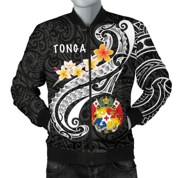 FUNSTUFFPRINT Tonga Men's Bomber Jacket - Tonga Seal Polynesian Patterns Plumeria (Black) - 3D Bomber Jacket
