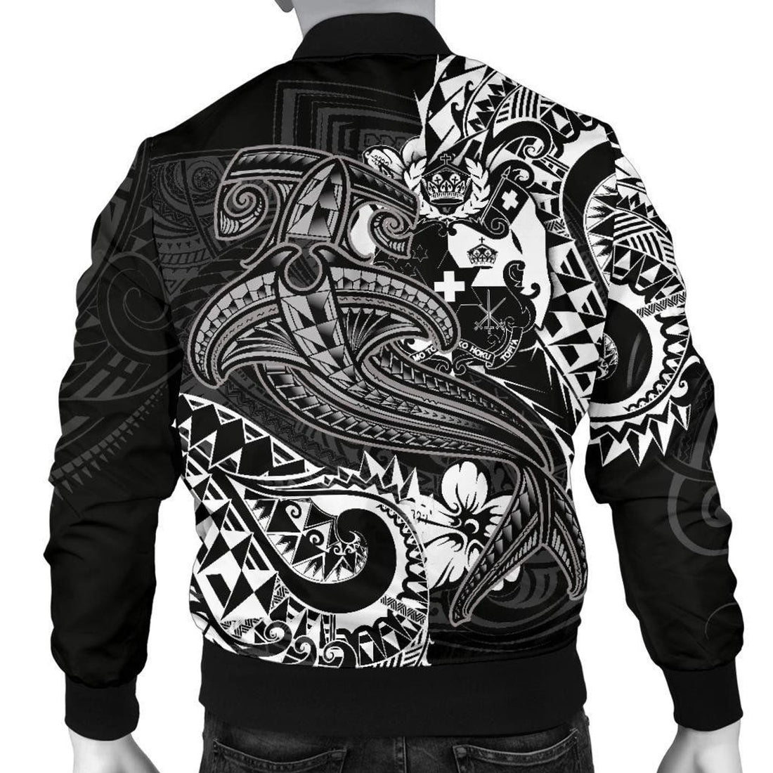 FUNSTUFFPRINT Tonga Men's Bomber Jacket - White Shark Polynesian Tattoo - 3D Bomber Jacket