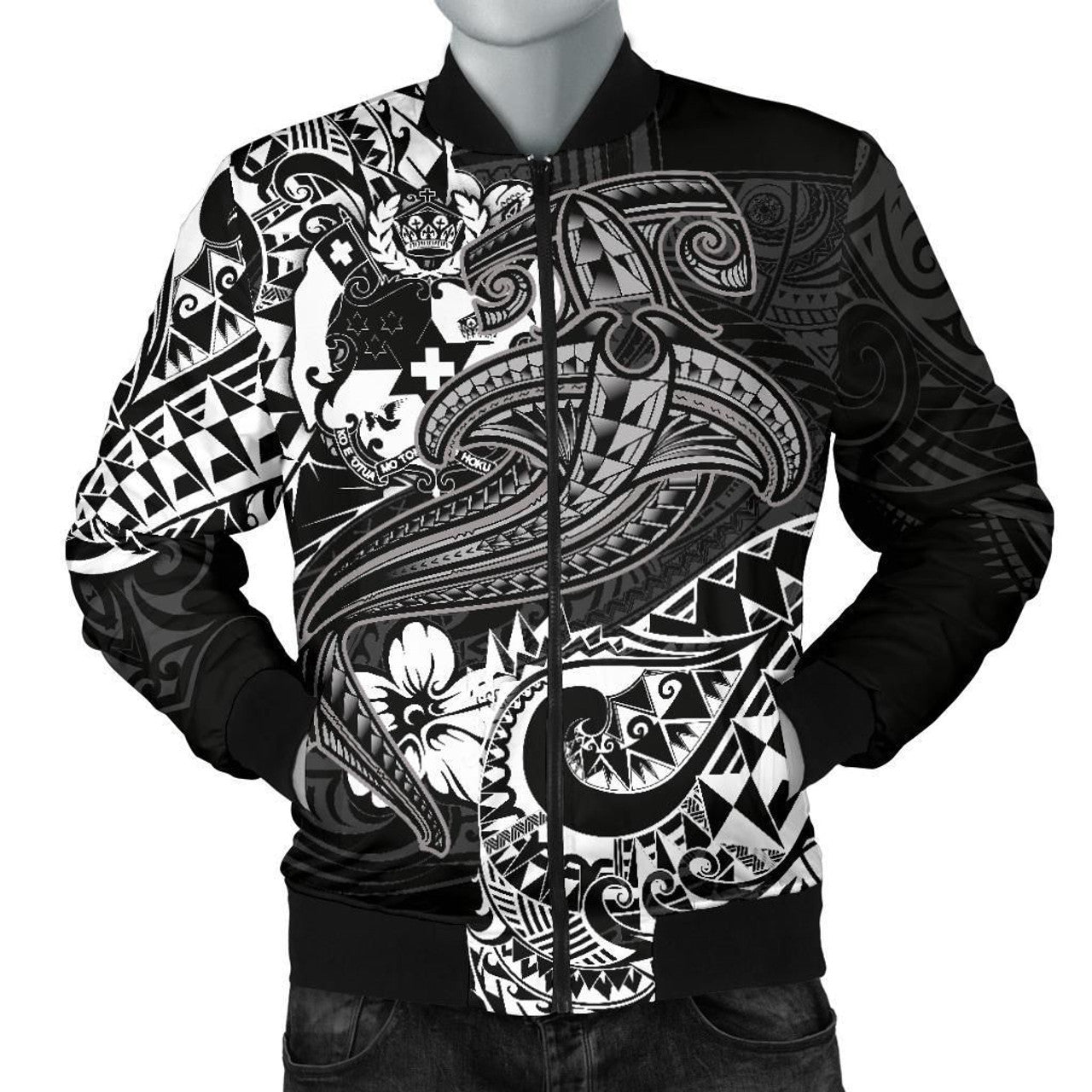 FUNSTUFFPRINT Tonga Men's Bomber Jacket - White Shark Polynesian Tattoo - 3D Bomber Jacket