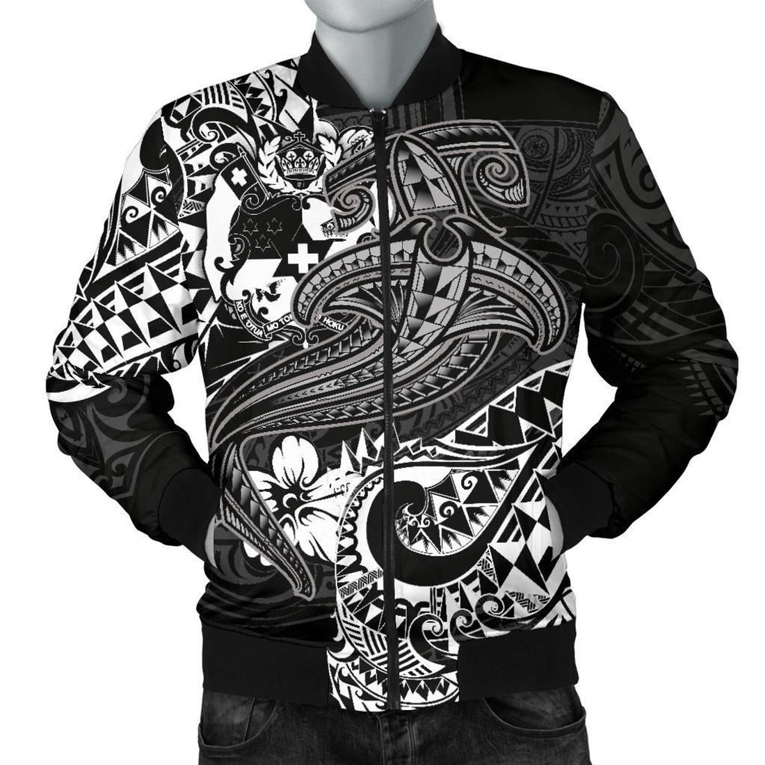 FUNSTUFFPRINT Tonga Men's Bomber Jacket - White Shark Polynesian Tattoo - 3D Bomber Jacket