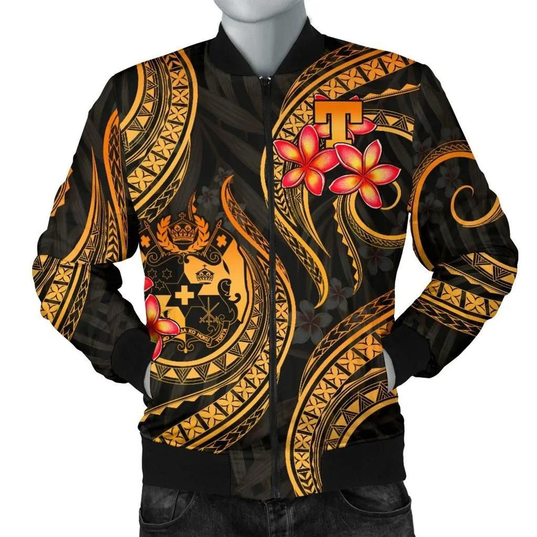 FUNSTUFFPRINT Tonga Polynesian Men Bomber Jacket - Gold Plumeria - 3D Bomber Jacket