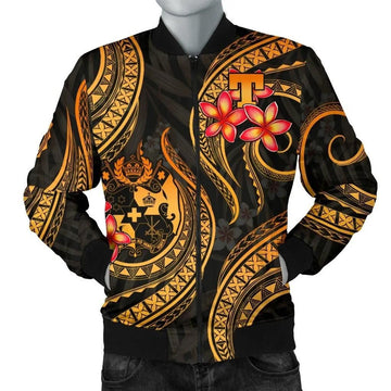 FUNSTUFFPRINT Tonga Polynesian Men Bomber Jacket - Gold Plumeria - 3D Bomber Jacket