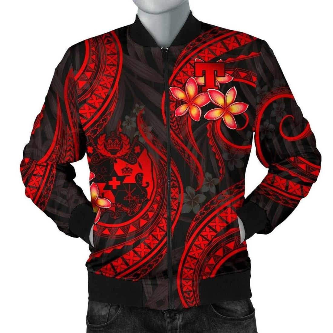 FUNSTUFFPRINT Tonga Polynesian Men Bomber Jacket - Red Plumeria - 3D Bomber Jacket