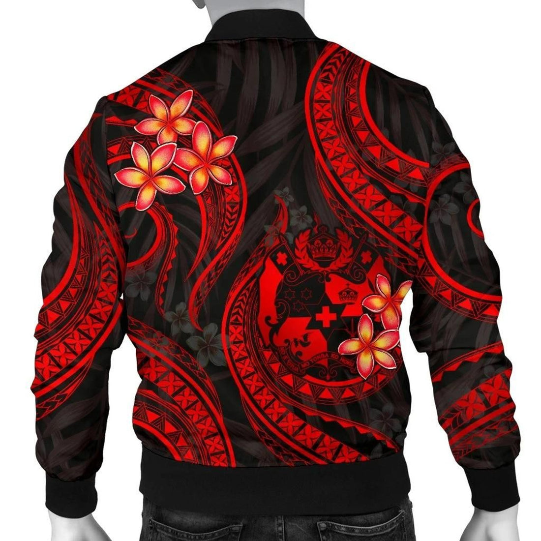 FUNSTUFFPRINT Tonga Polynesian Men Bomber Jacket - Red Plumeria - 3D Bomber Jacket