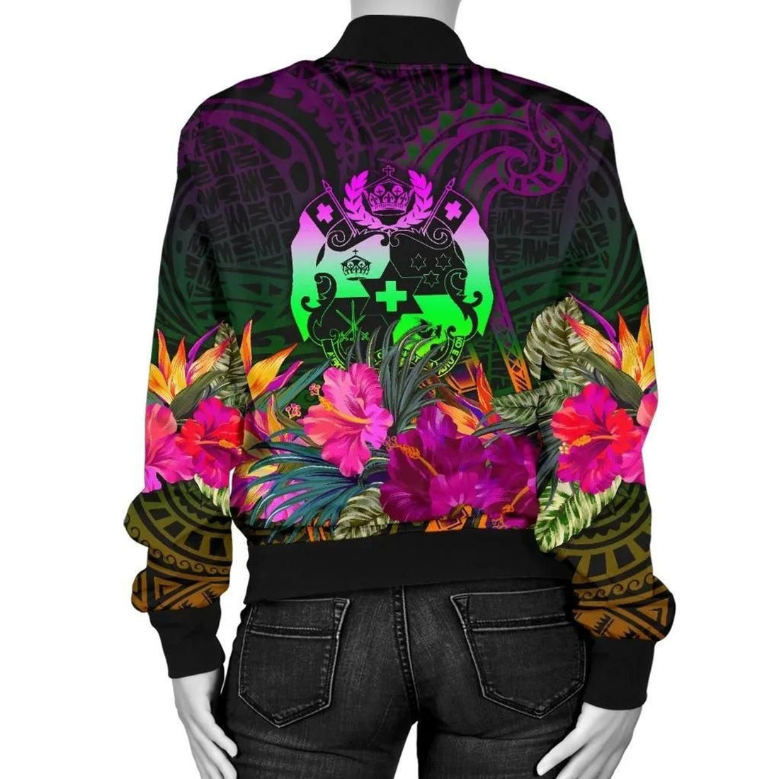 FUNSTUFFPRINT Tonga Polynesian Women's Bomber Jacket - Summer Hibiscus - 3D Bomber Jacket