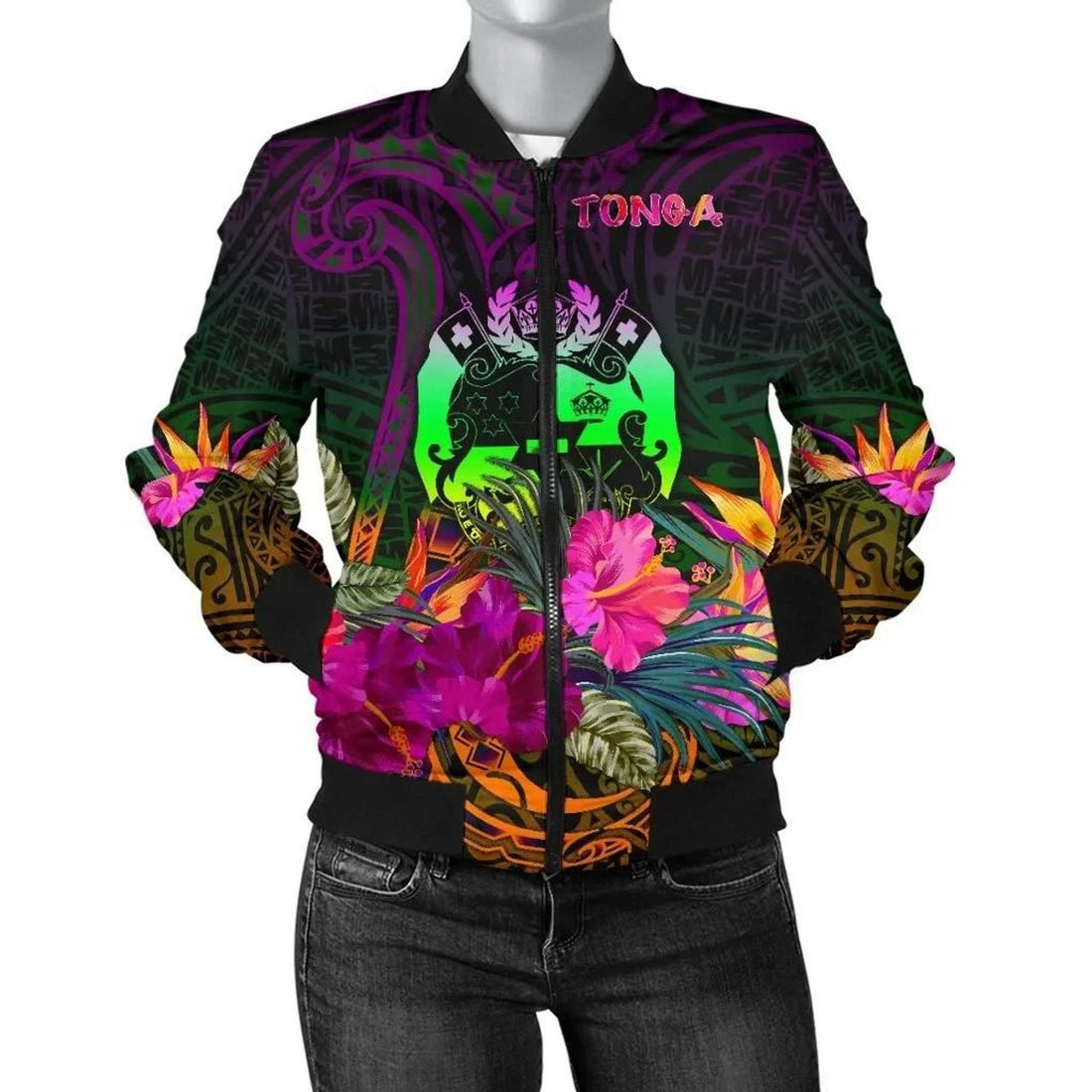 FUNSTUFFPRINT Tonga Polynesian Women's Bomber Jacket - Summer Hibiscus - 3D Bomber Jacket