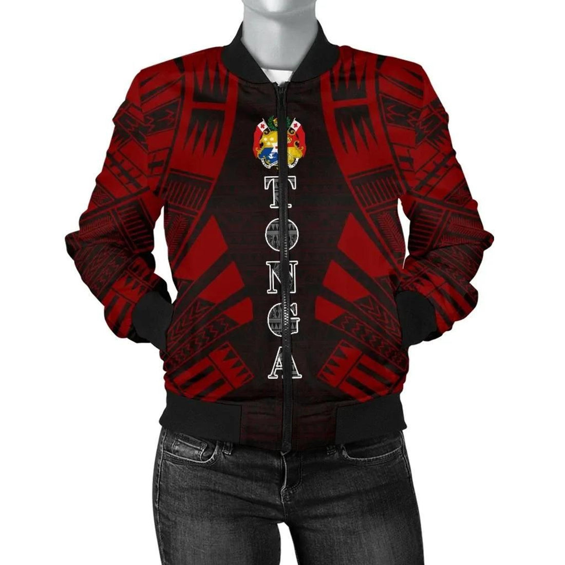 FUNSTUFFPRINT Tonga Women Bomber Jacket - Polynesian Tattoo Red - 10 3D Bomber Jacket