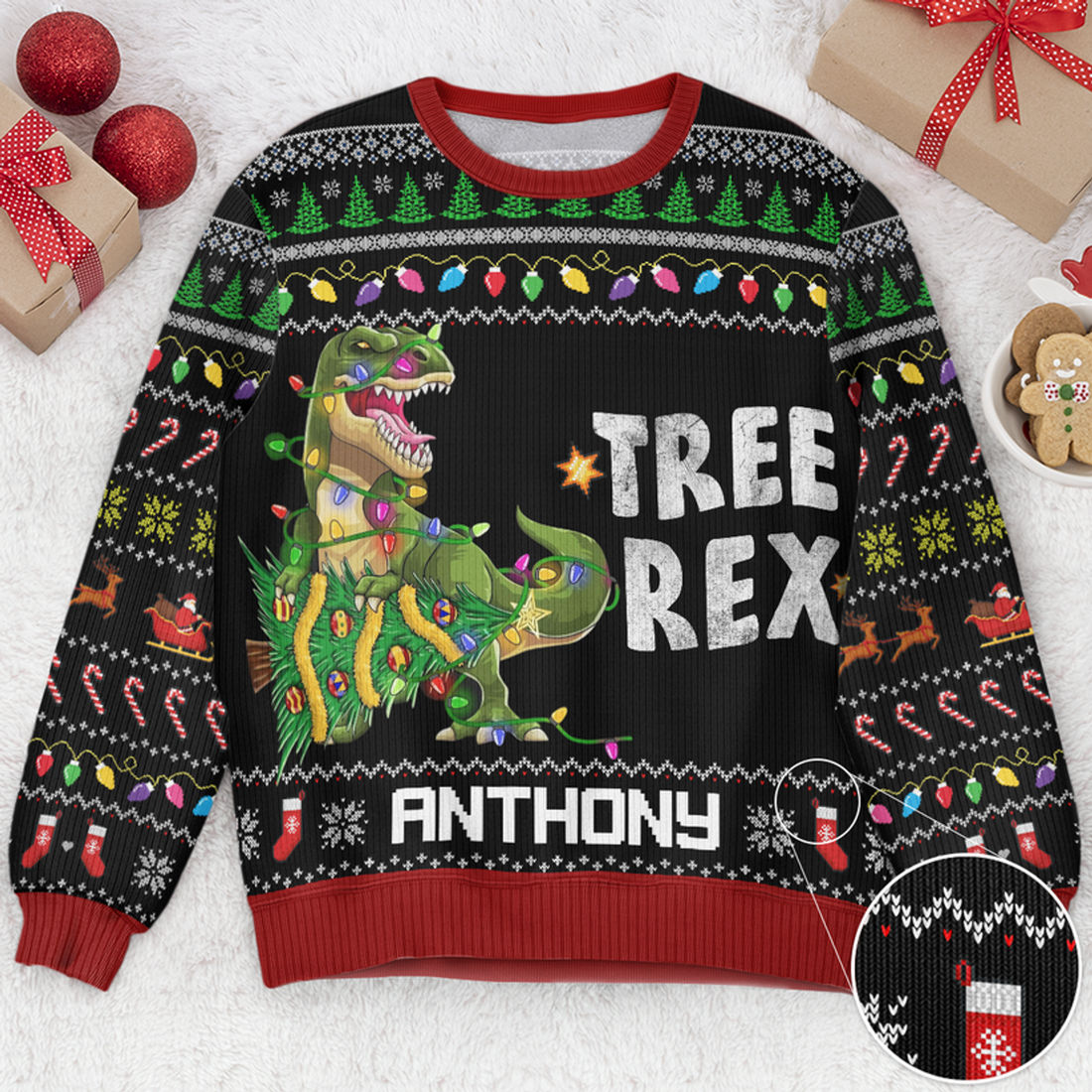 FUNSTUFFPRINT Custom Tree Rex Ugly Sweater