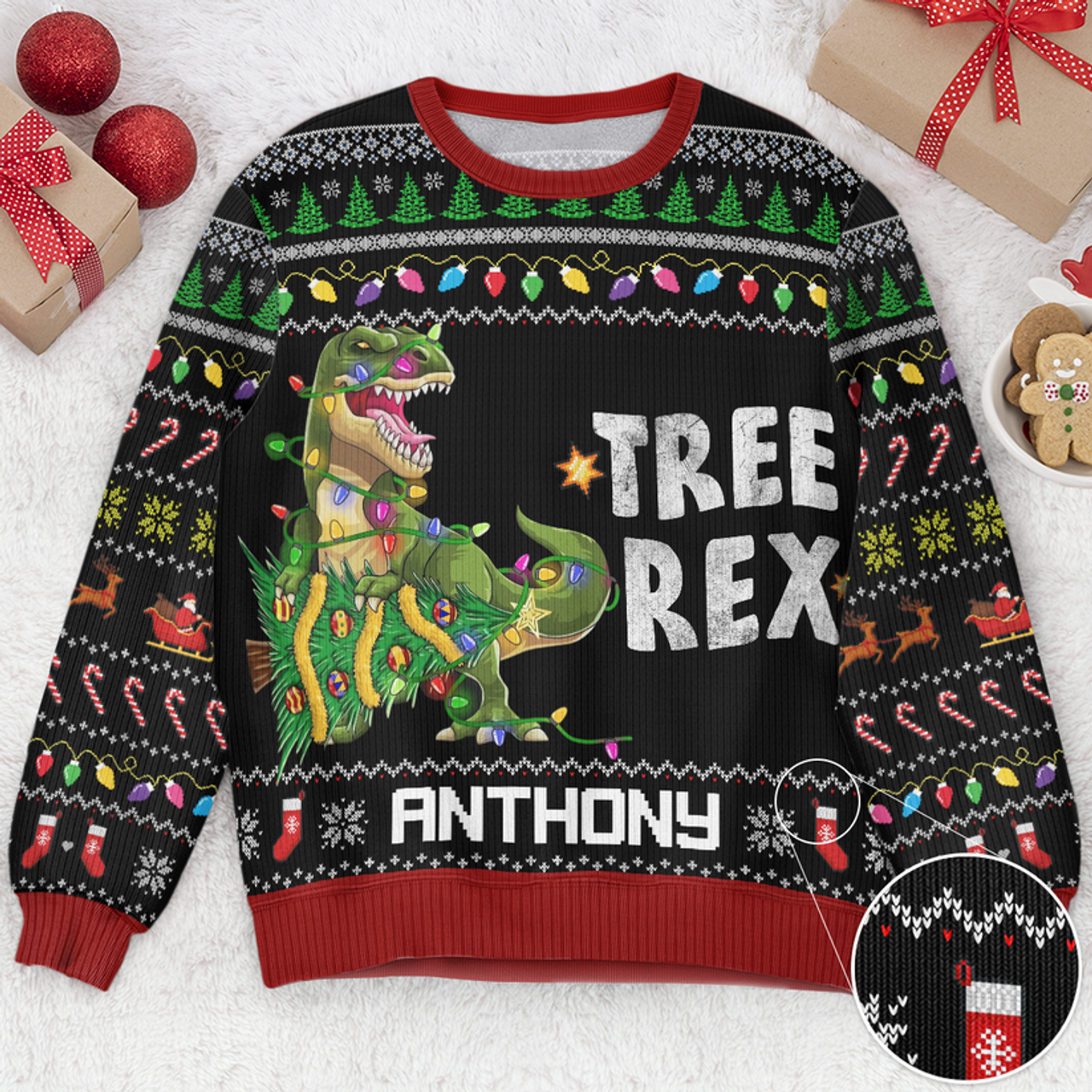 FUNSTUFFPRINT Custom Tree Rex Ugly Sweater