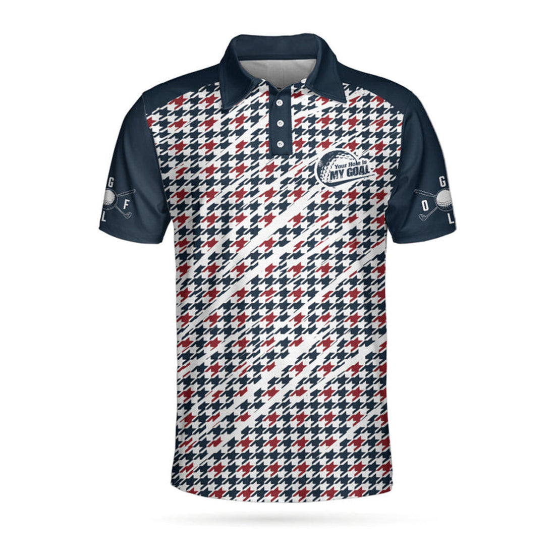 Trendy Red & Blue Houndstooth Pattern Golf Shirt, Your Hole Is My Goal Polo Shirt, Best Golf Shirt For Men