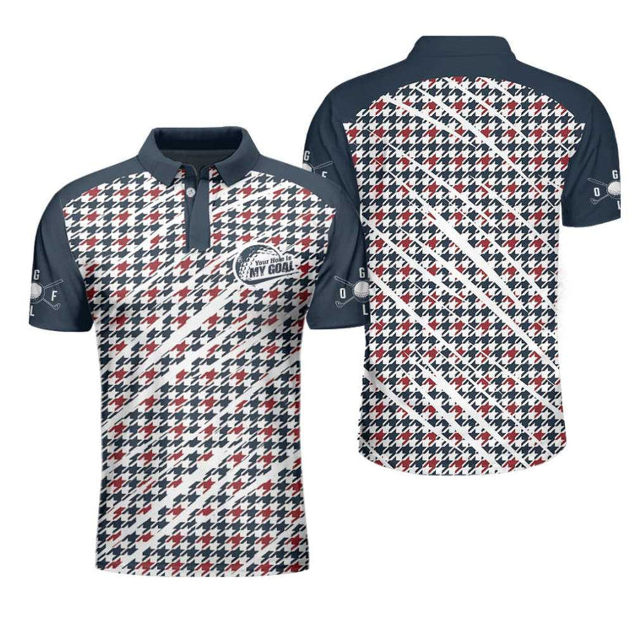 Trendy Red & Blue Houndstooth Pattern Golf Shirt, Your Hole Is My Goal Polo Shirt, Best Golf Shirt For Men