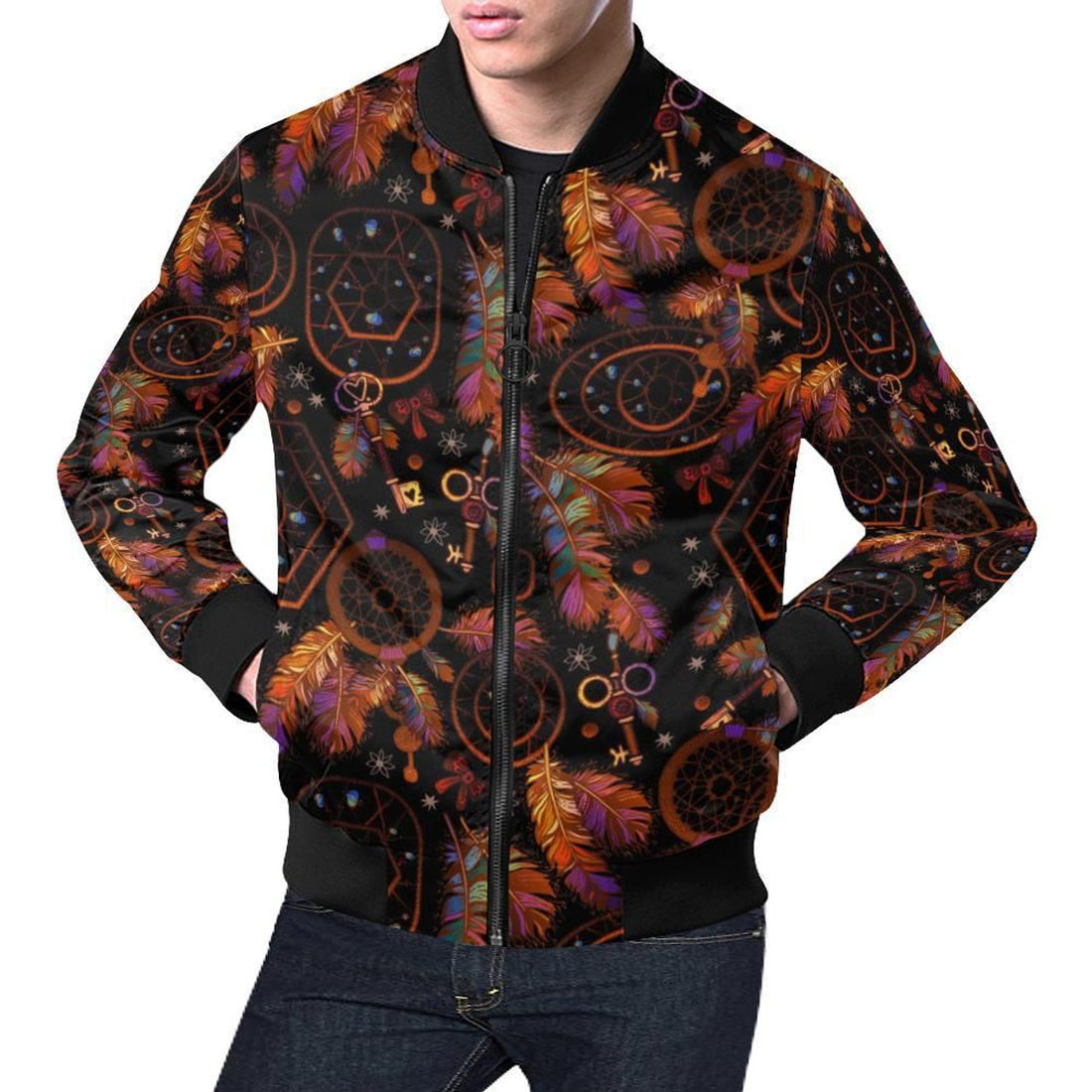 FUNSTUFFPRINT Tribal Dream Catcher Feather Pattern Print Mens 3D Bomber Jacket