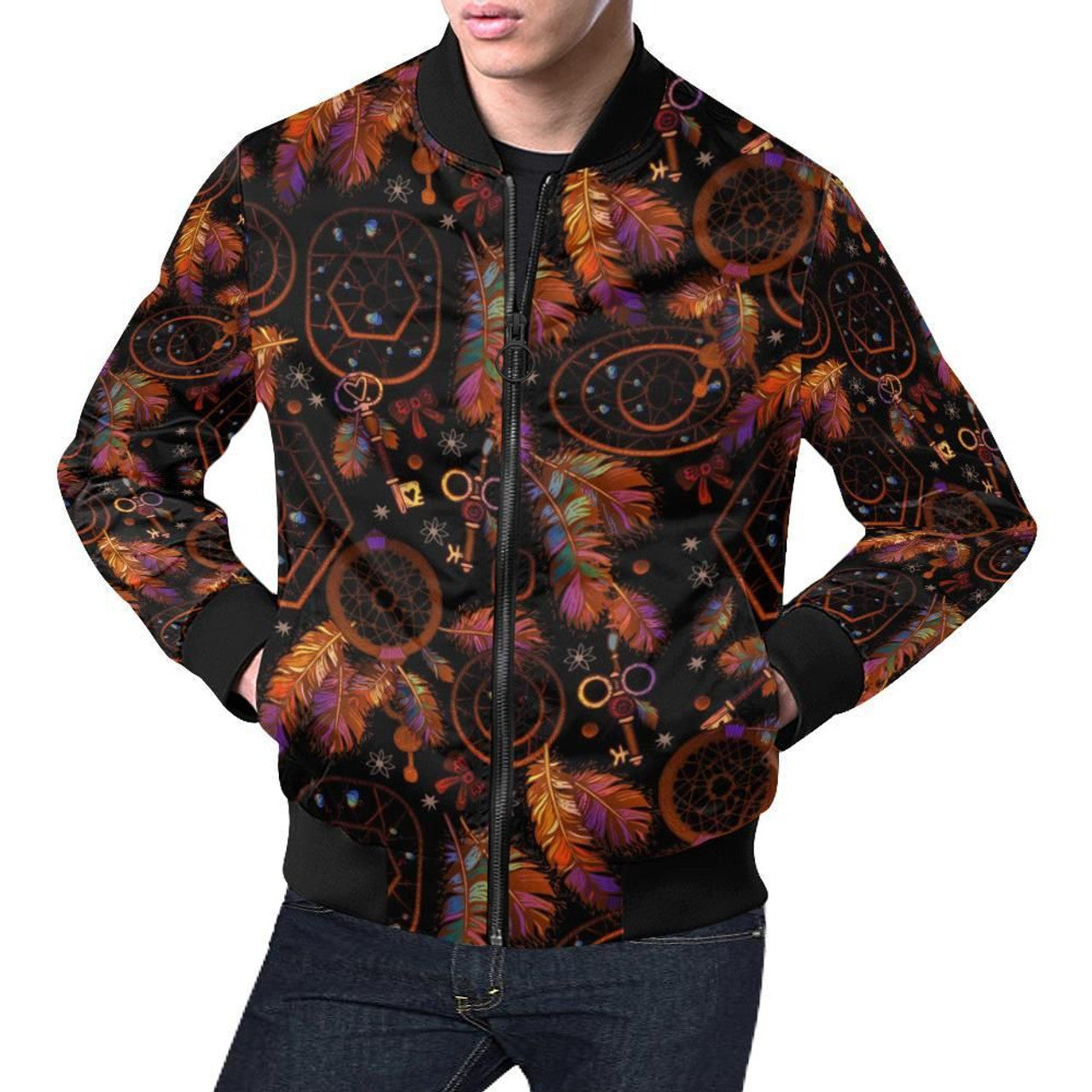 FUNSTUFFPRINT Tribal Dream Catcher Feather Pattern Print Mens 3D Bomber Jacket