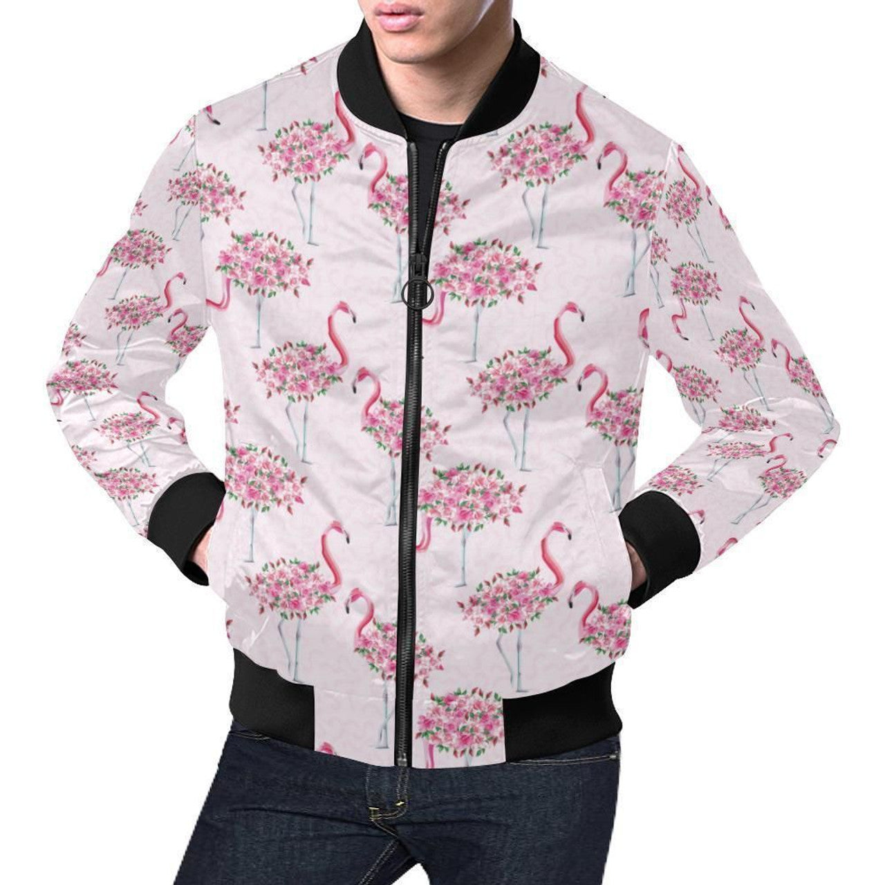 FUNSTUFFPRINT Tropical Flamingo Hawaiian Floral Pattern Print Mens 3D Bomber Jacket