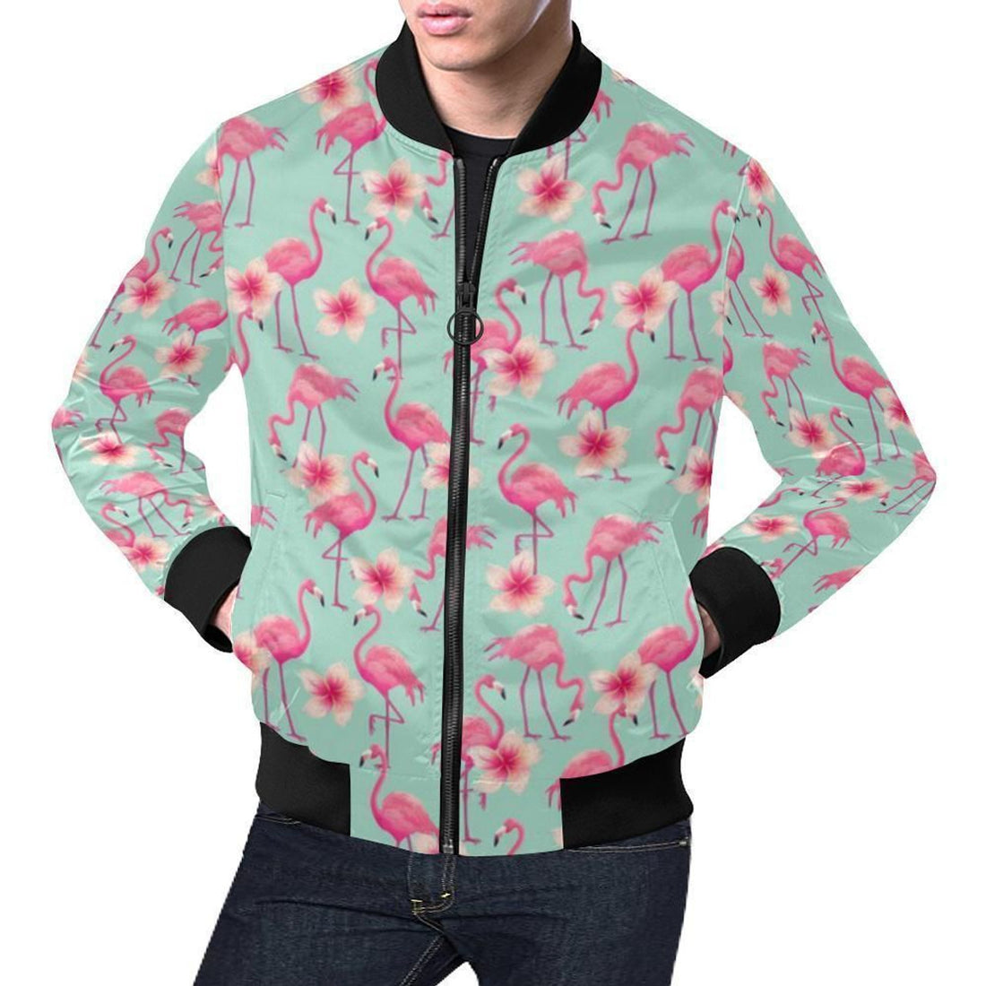 FUNSTUFFPRINT Tropical Flamingo Hibiscus Hawaiian Floral Pattern Print Mens 3D Bomber Jacket