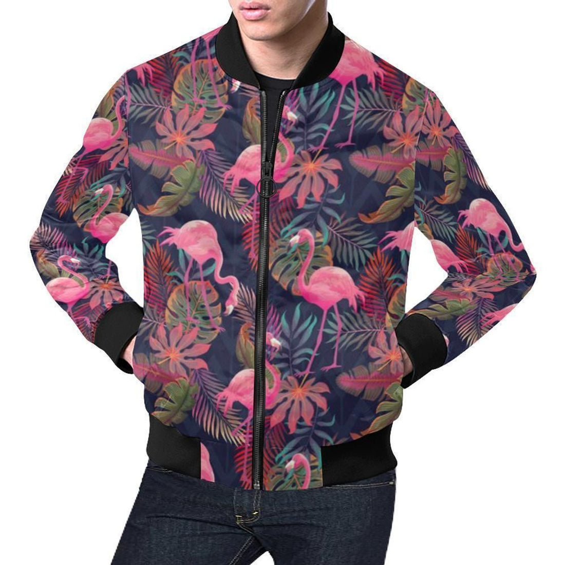 FUNSTUFFPRINT Tropical Flamingo Palm Leaves Hawaiian Floral Pattern Print Mens 3D Bomber Jacket