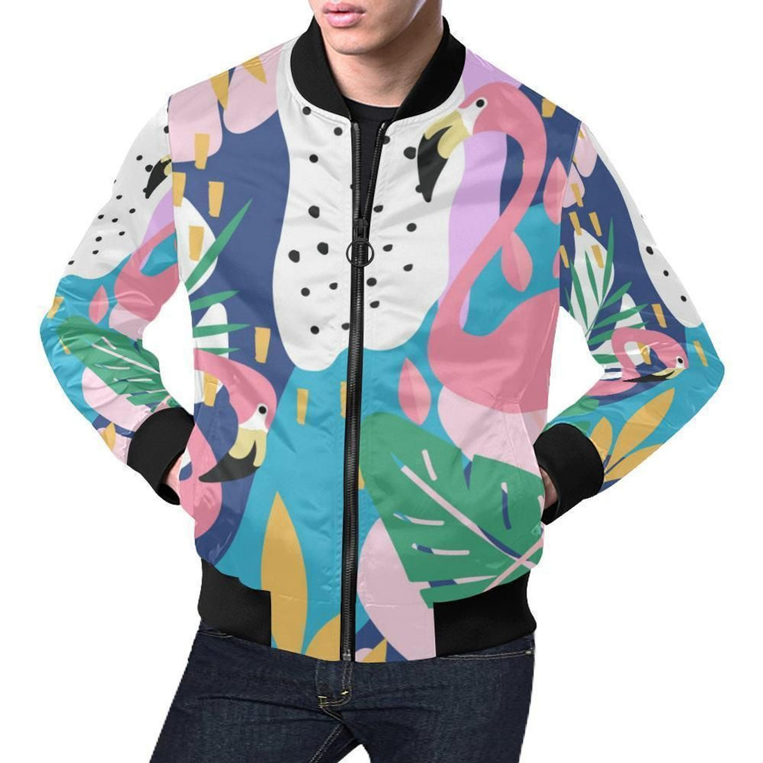 FUNSTUFFPRINT Tropical Flamingo Palm Leaves Hawaiian Pattern Print Mens 3D Bomber Jacket