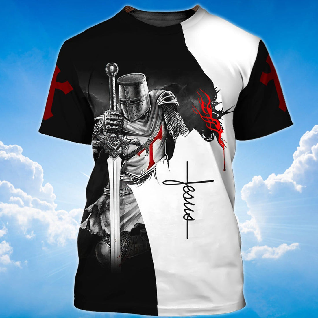 FUNSTUFFPRINT A Child Of God A Man Of Faith Knight Templar Jesus 3D T-shirt