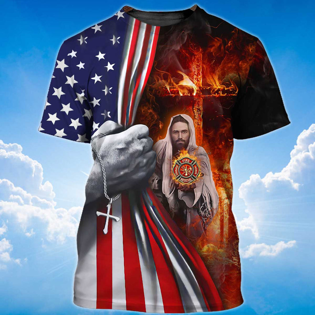 FUNSTUFFPRINT Jesus In The Flames T-Shirt Patriot Gift Memorial 11 September Shirts 3D T-shirt